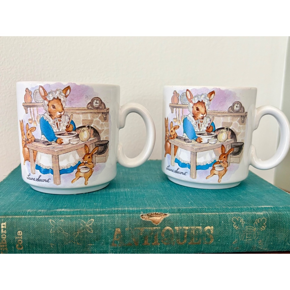Vintage Laura Secord Bunny Rabbit Coffee Mugs Made in England Set of 2 White